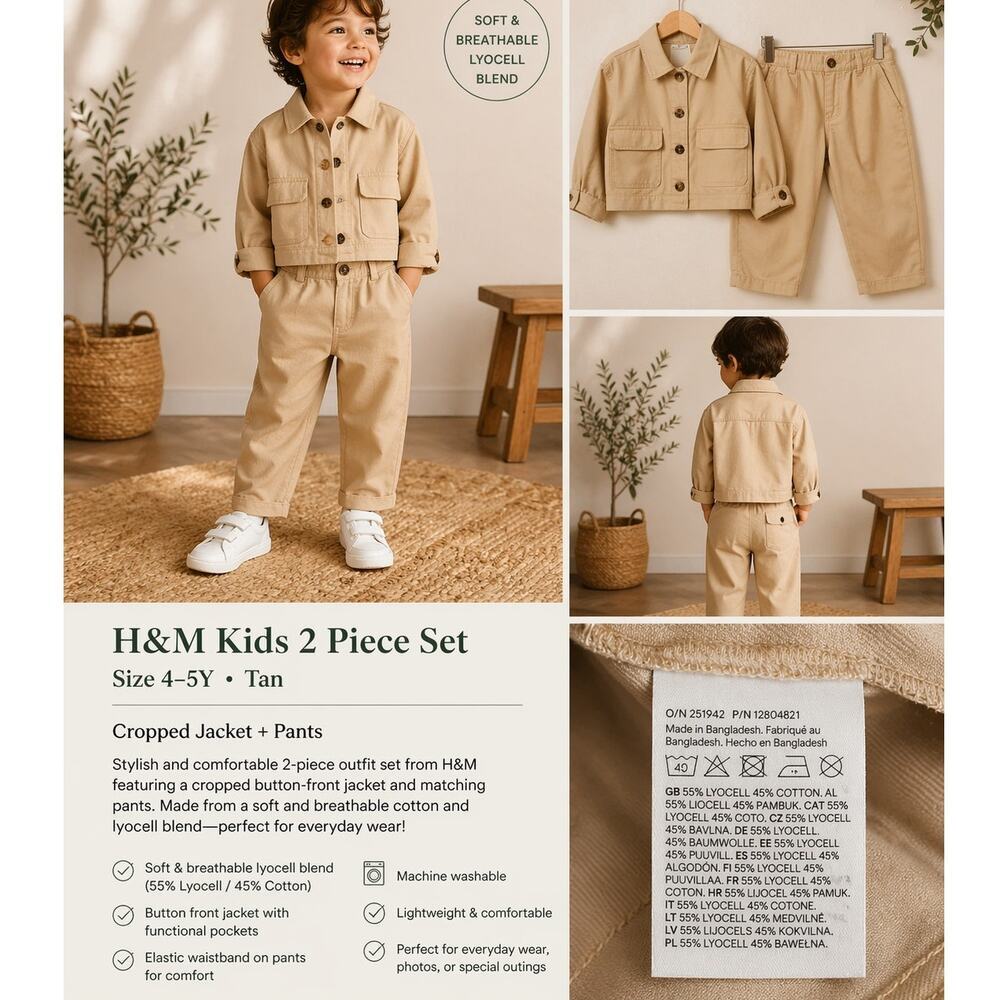 H&M Kids 2Pc Outfit Set Tan Crop Jacket Pants 4-5Y Lyocell Cotton